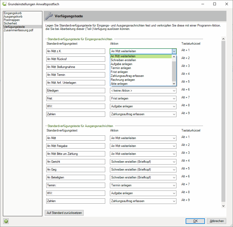 Auslieferungszustand Standard-Verfügungstexte im Kommunikationspaket