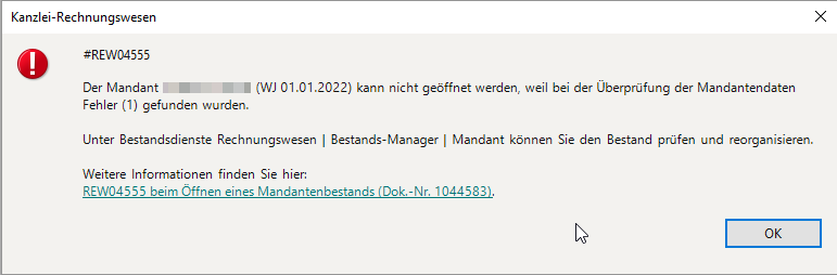 Fehlermeldung beim Öffnen des Bestands