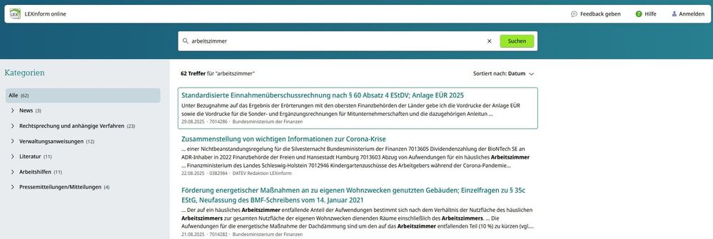 Trefferliste vor dem Öffnen eines Treffers