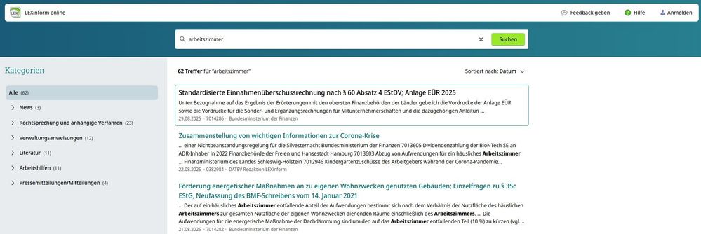 Trefferliste nach dem Rücksprung mit Farbänderung